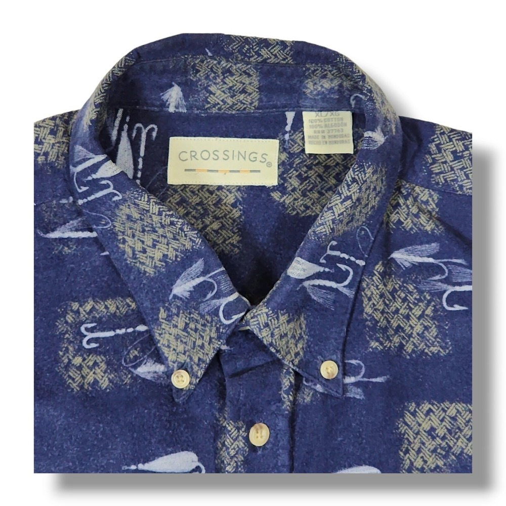 Crossings Thick Flannel Button Up Fishing Tackle Long Sleeve Blue Shirt Men's XL - Picture 7 of 9